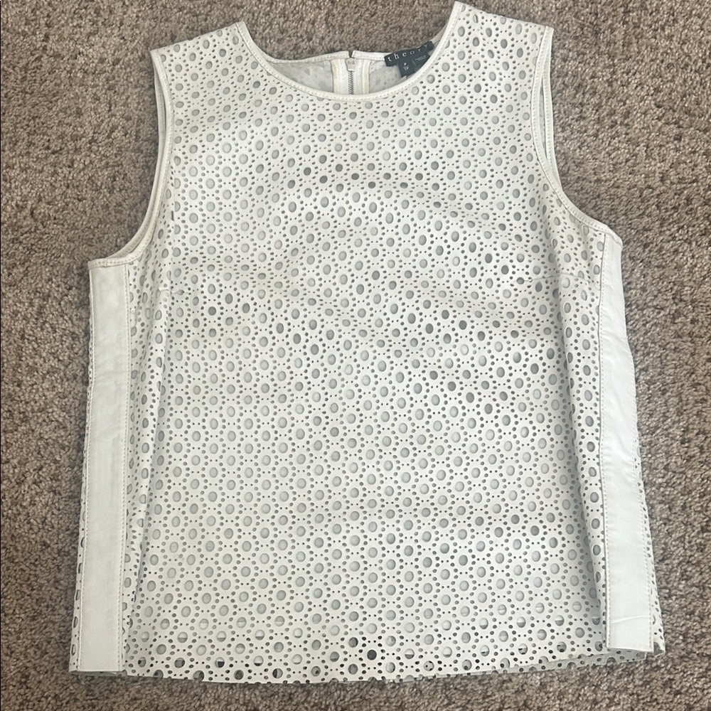 Theory laser cut sleeveless leather top
